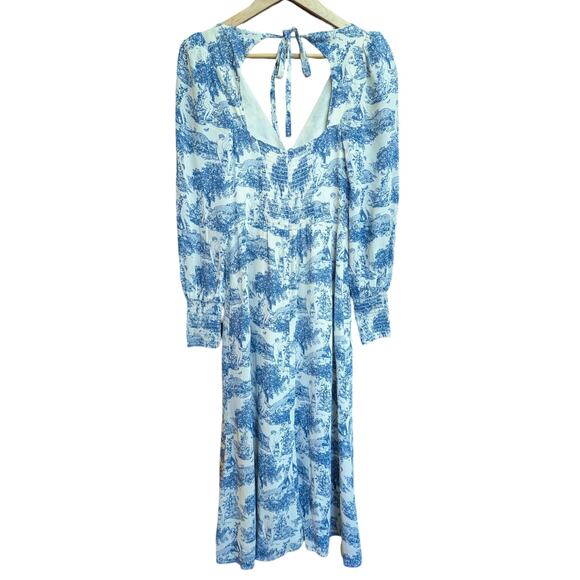 Reformation Juliette Toile Blue White Long Sleeve Slit Midi Dress Size 2 - Picture 4 of 6